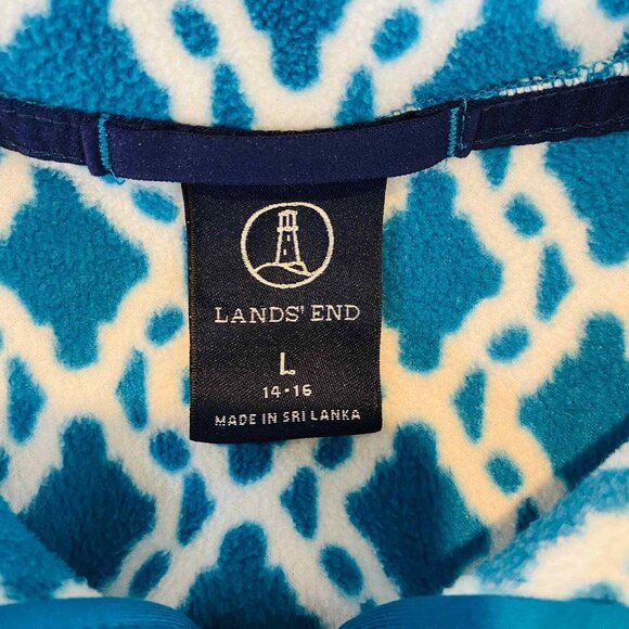 Lands End Pullover Fleece Sweatshirt Large 14-16 Teal Blue White Diamond 1/4 Zip - Picture 6 of 12